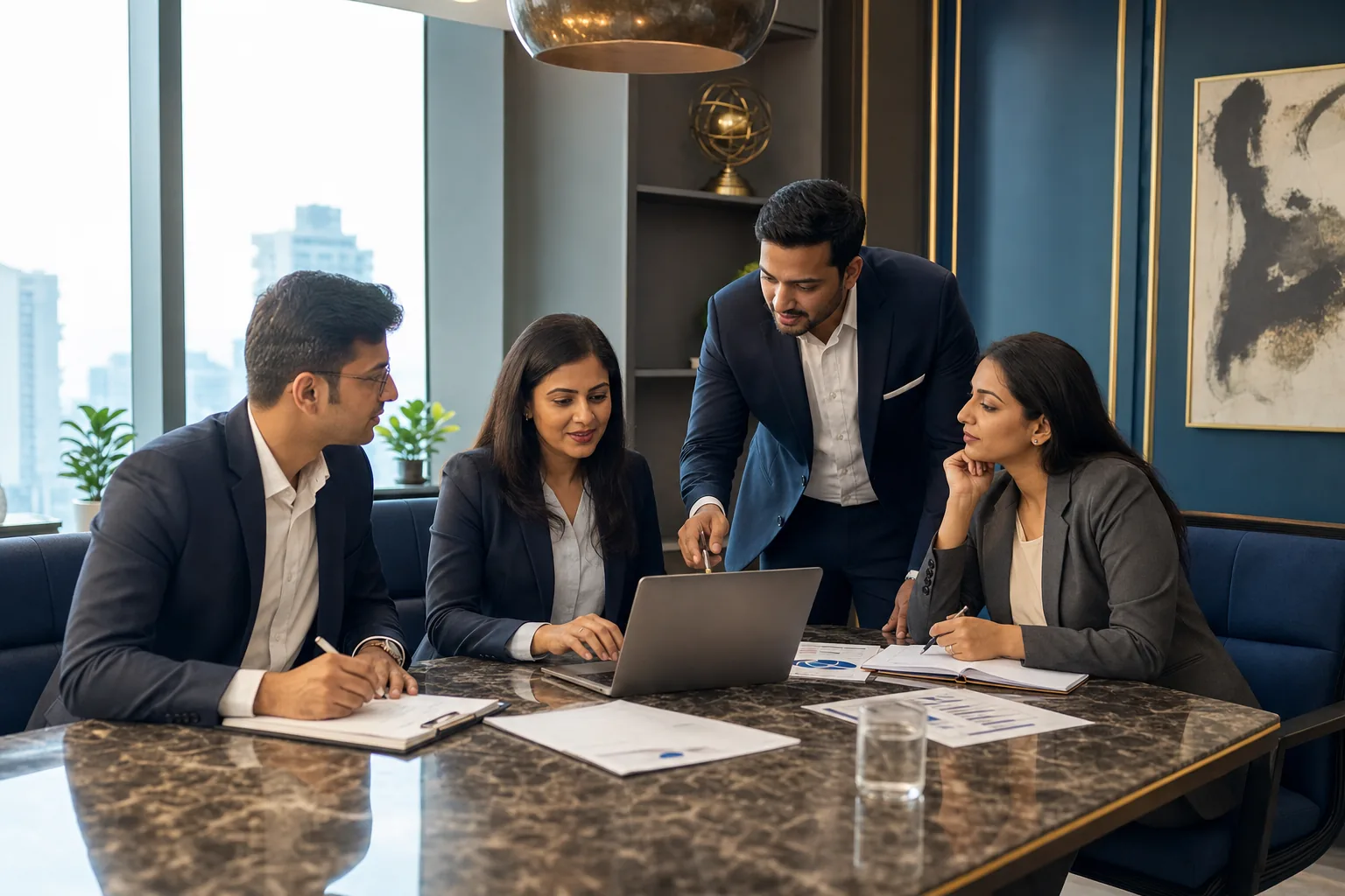 Team of professional Indian financial advisors collaborating in a premium office across India, India