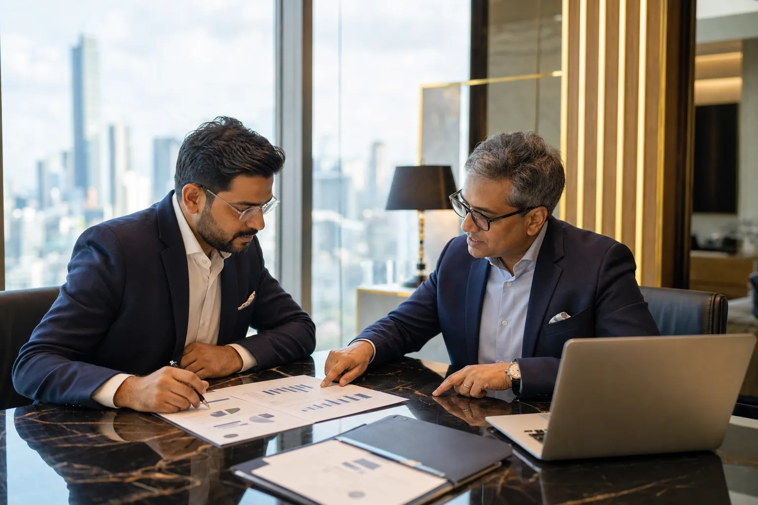 Indian entrepreneur and business consultant reviewing growth plans and financial strategy in a modern glass office