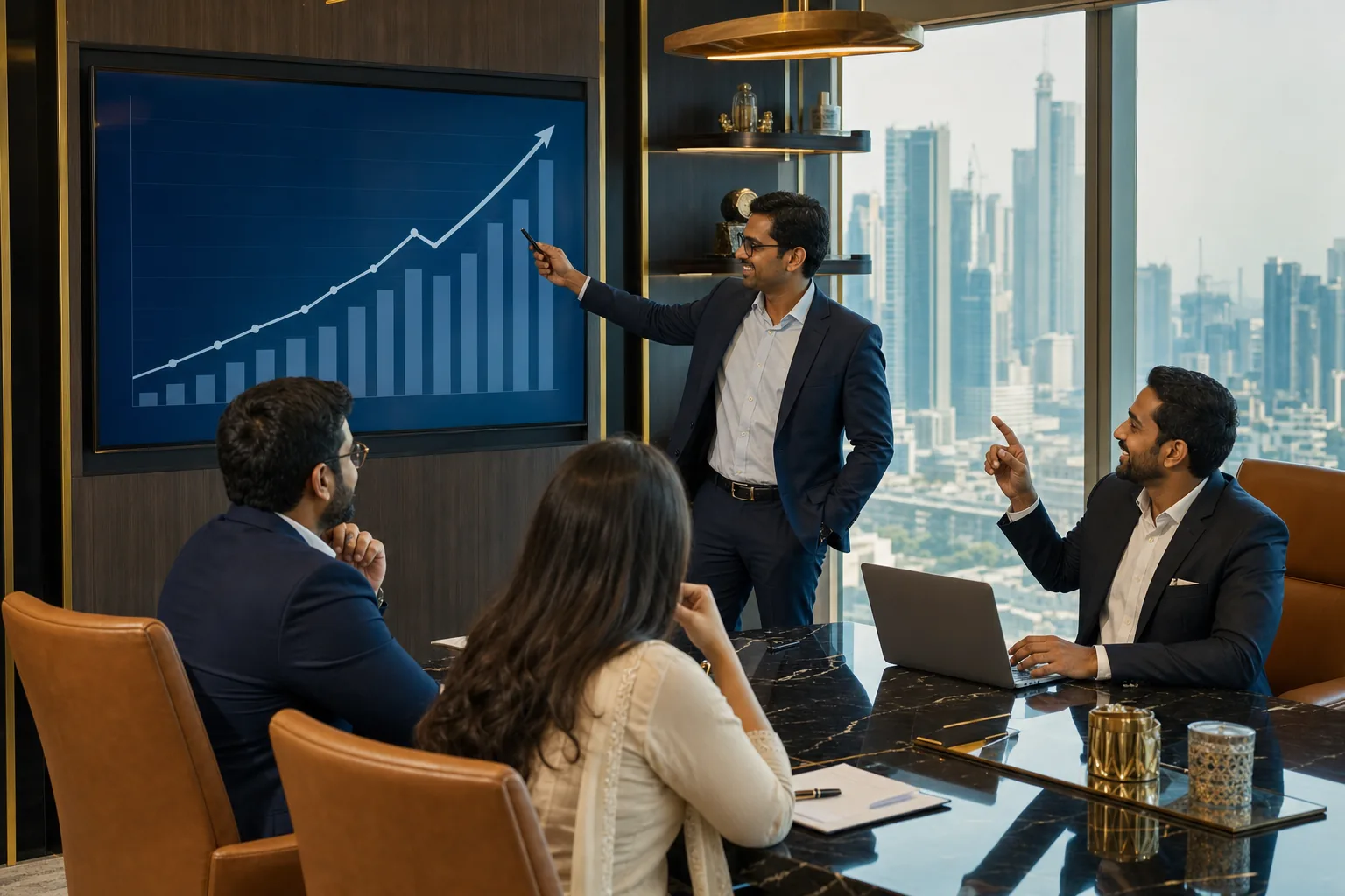 Confident Indian business owners planning growth with a financial advisor in India