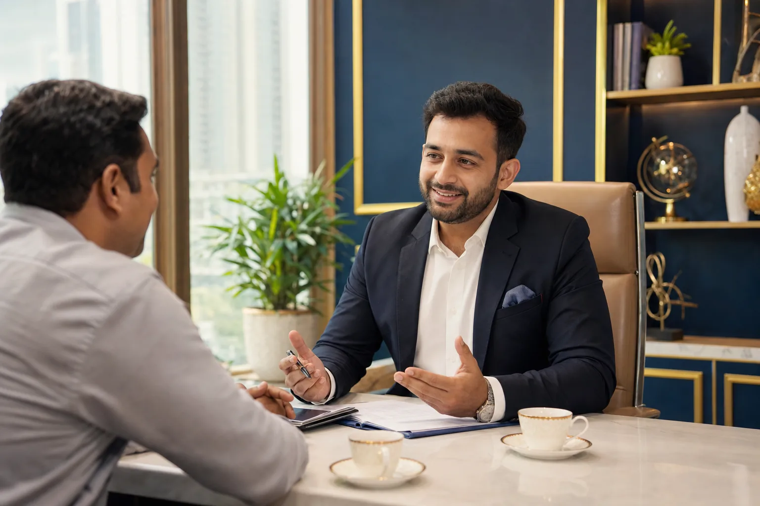 Indian loan consultant meeting a client in a refined consultation room in India