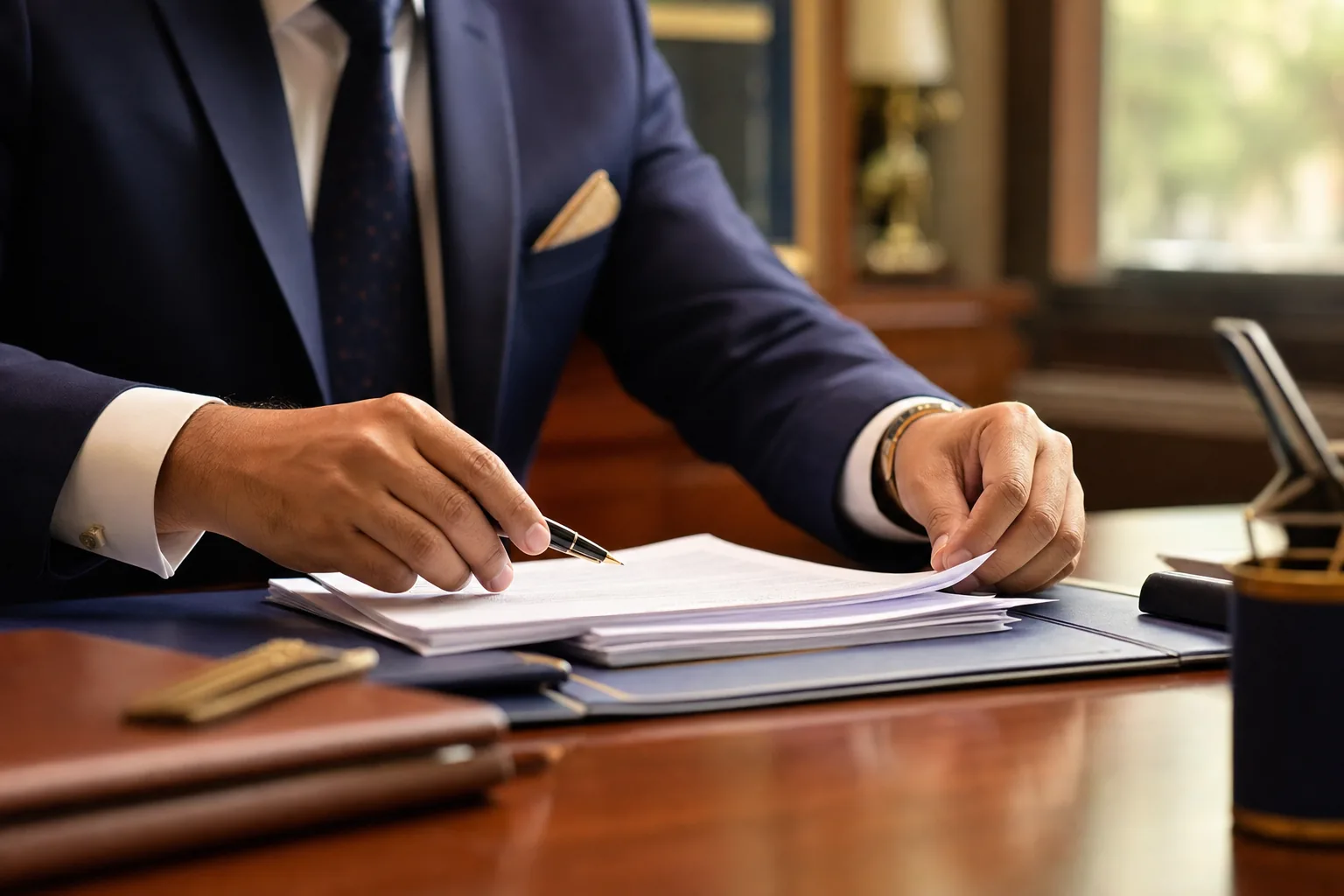 Indian advisor's hands neatly organizing loan application documents on an elegant desk