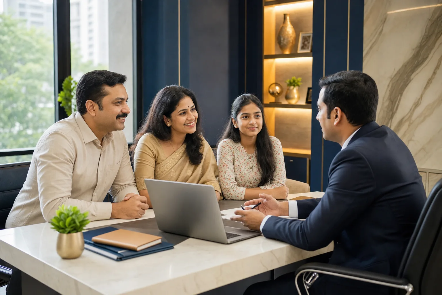 Indian family discussing financial questions with an advisor in a bright consultation space