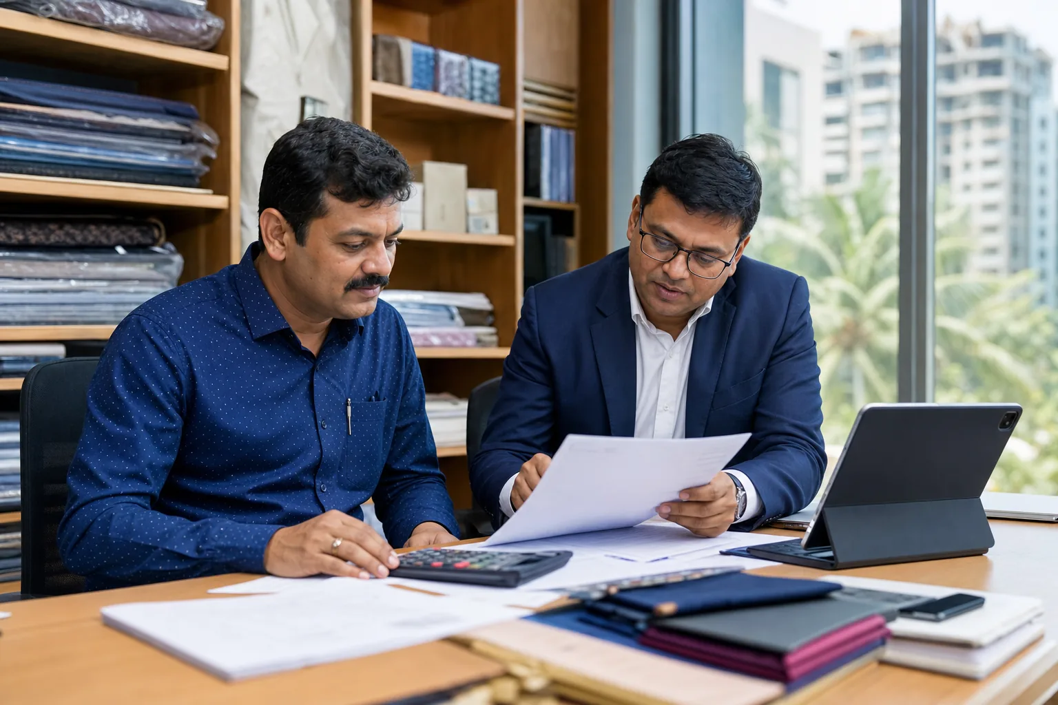 Indian small business owner reviewing inventory and cash-flow with a financial advisor in India